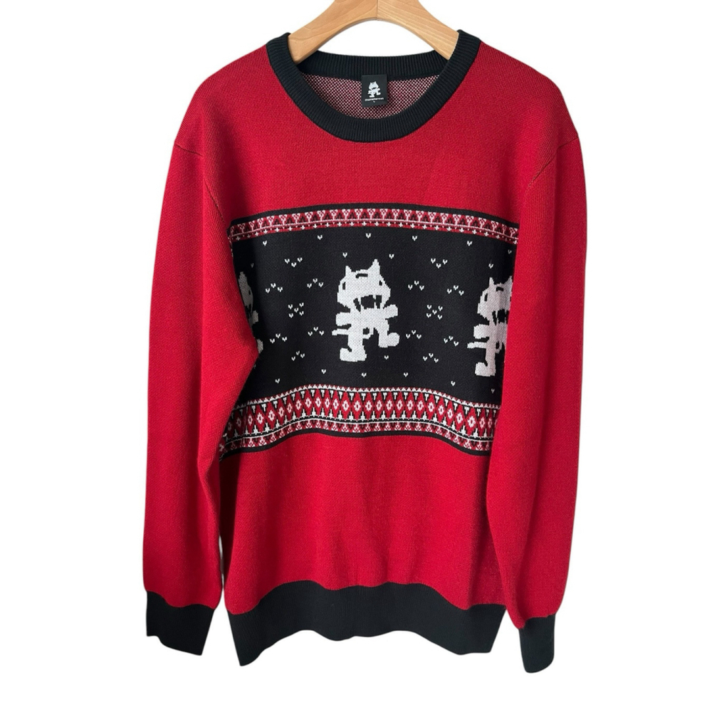 Monstercat Sweater Mens Size Large Red Black Knit Crew Neck Long Sleeve Winter